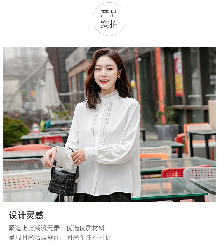 CARRIE&KATE【Designer Style】2019 Spring new long sleeves loose on vertical collar lace chiffon shirt White/S
