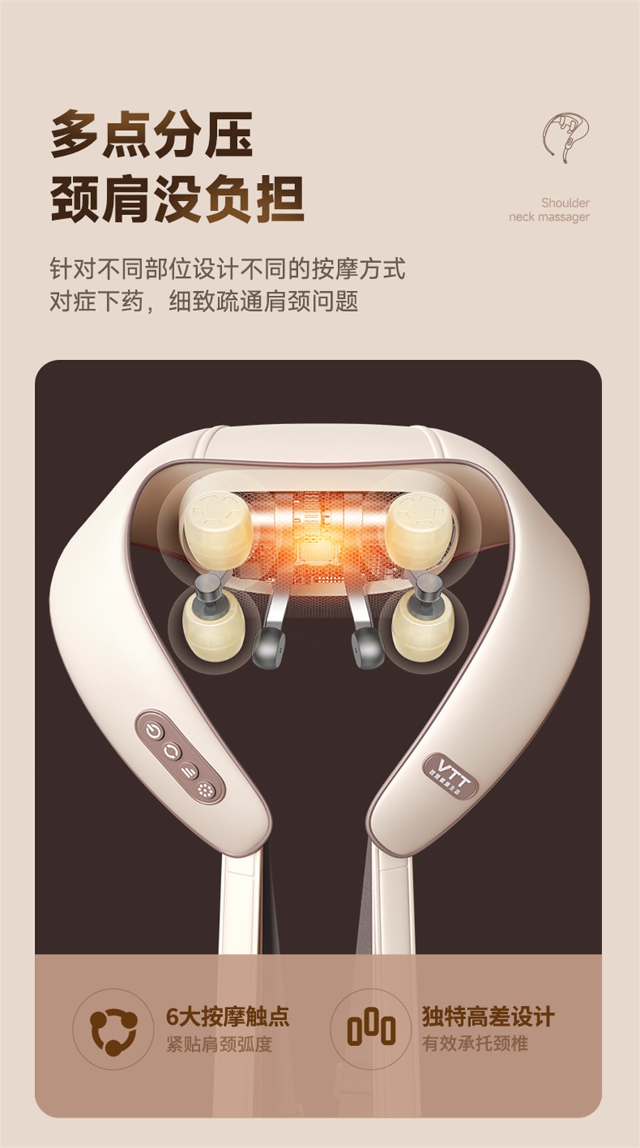 【中國直郵】VTT 頸椎按摩器肩頸腰部背部脖子頸肩膀斜方肌揉捏神器頸部按摩儀 米白色 豪華頂配款