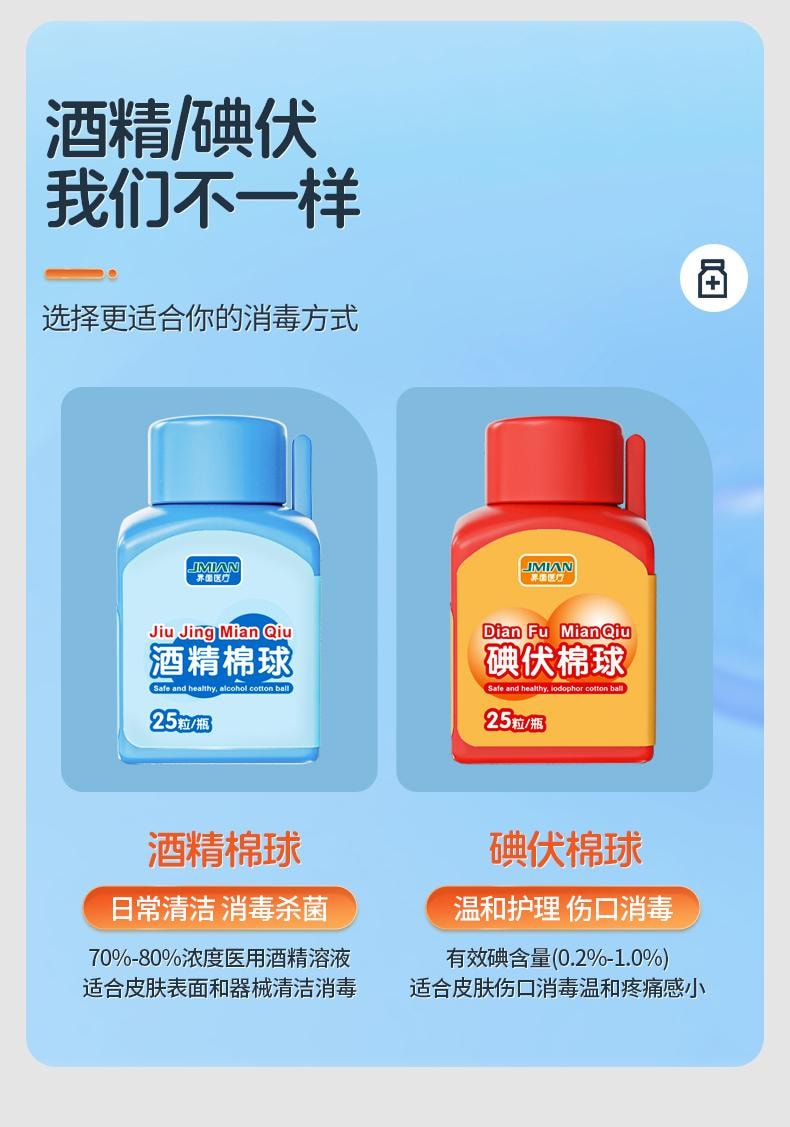 界面 医用碘伏棉球75%酒精消毒棉球家用一次性棉花球医药脱脂棉团 25粒/瓶