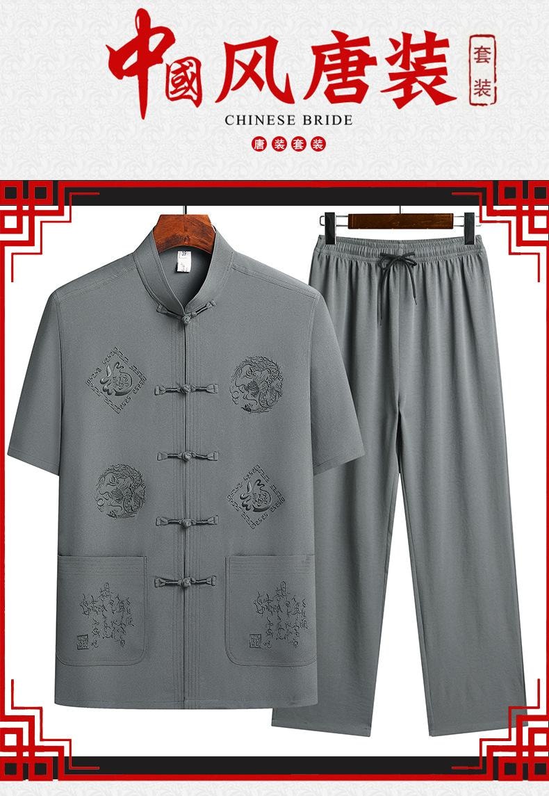 【中国直邮】 水月秦淮 中老年人唐装男士夏装短袖套装国风新中式衣服藏蓝色套装40码
