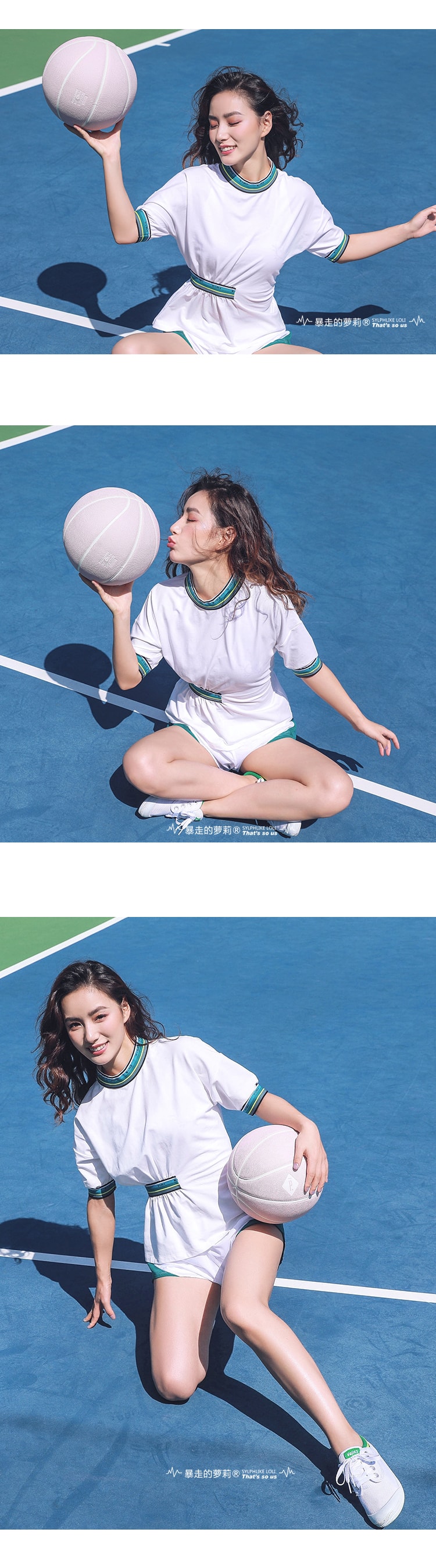 暴走的萝莉 织带收腰运动短袖女夏季 薄款吸湿排汗修身跑步训练T恤/白撞绿#/XS