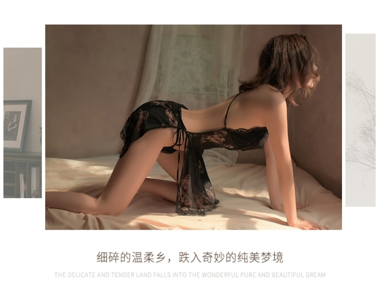 【中国直邮】宜约 YIYUE 新款女性感蕾丝吊带裙系带睡裙制服诱惑欧美睡衣 黑色均码