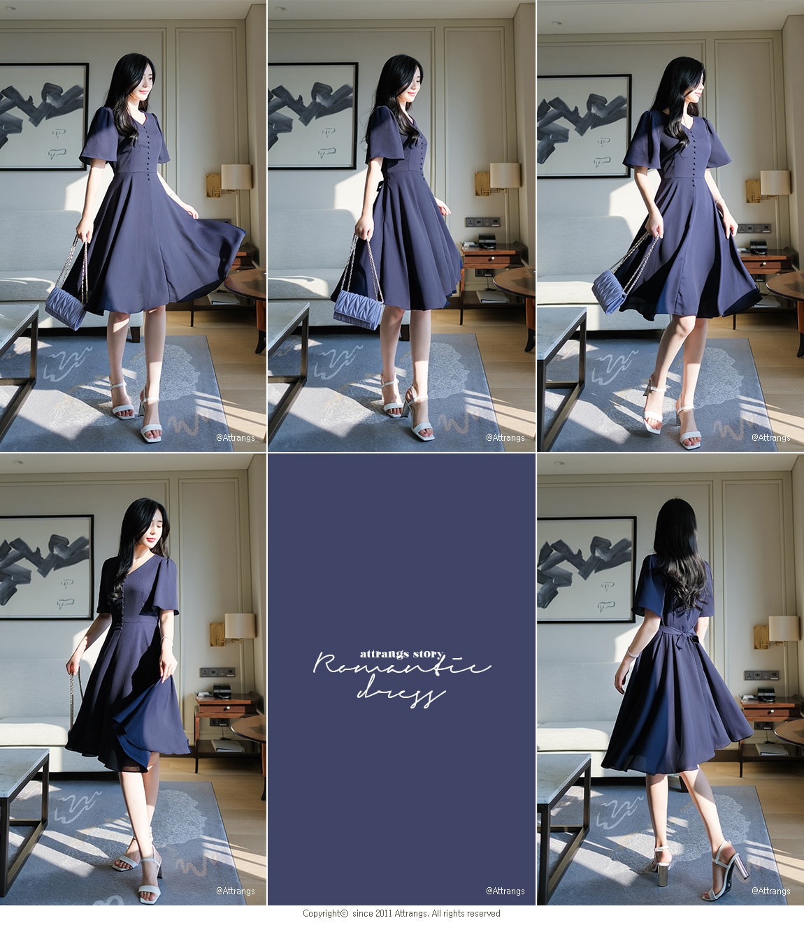 【韩国直邮】ATTRANGS v领收腰大摆气质纯色显瘦连衣裙 深蓝色 L