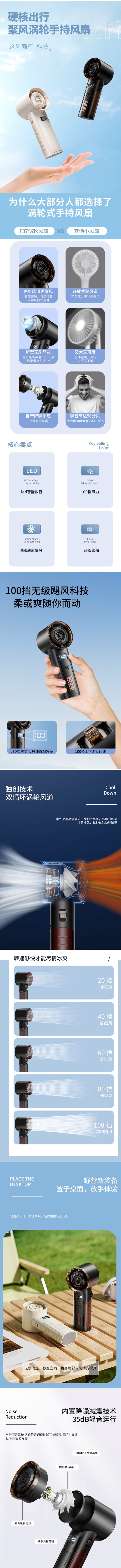 【中国直邮】手持高速电风扇 无极调速100档大风力 USB充电 LED数显 黑科技涡轮聚风 降噪轻音 黑色