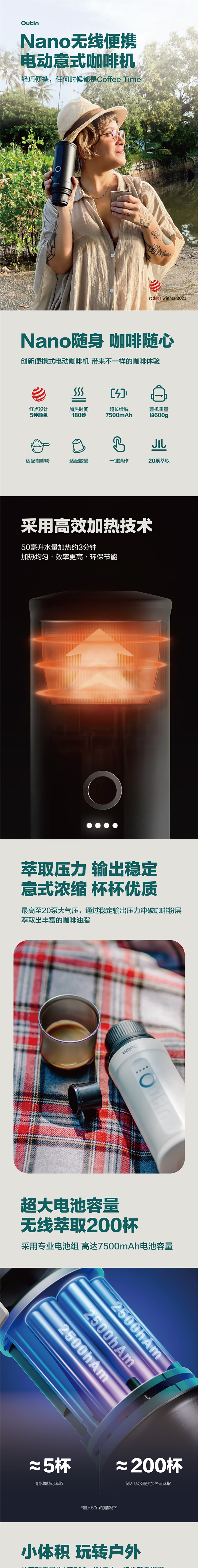 【美國】Outin 便攜式電動咖啡機 義式咖啡機 3-4 分鐘自加熱 太空灰