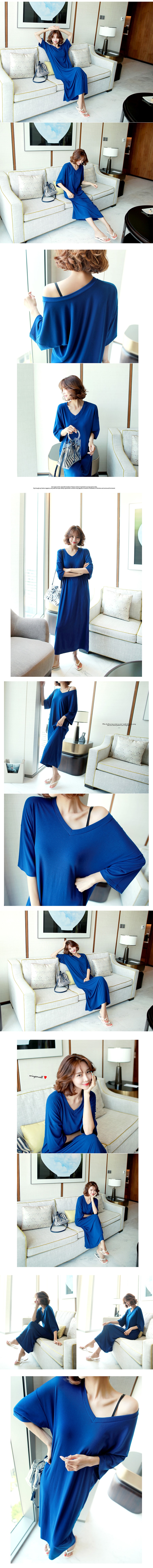 [KOREA] Natural Loose V-Neck Maxi Dress #Blue One Size(Free) [Free Shipping]