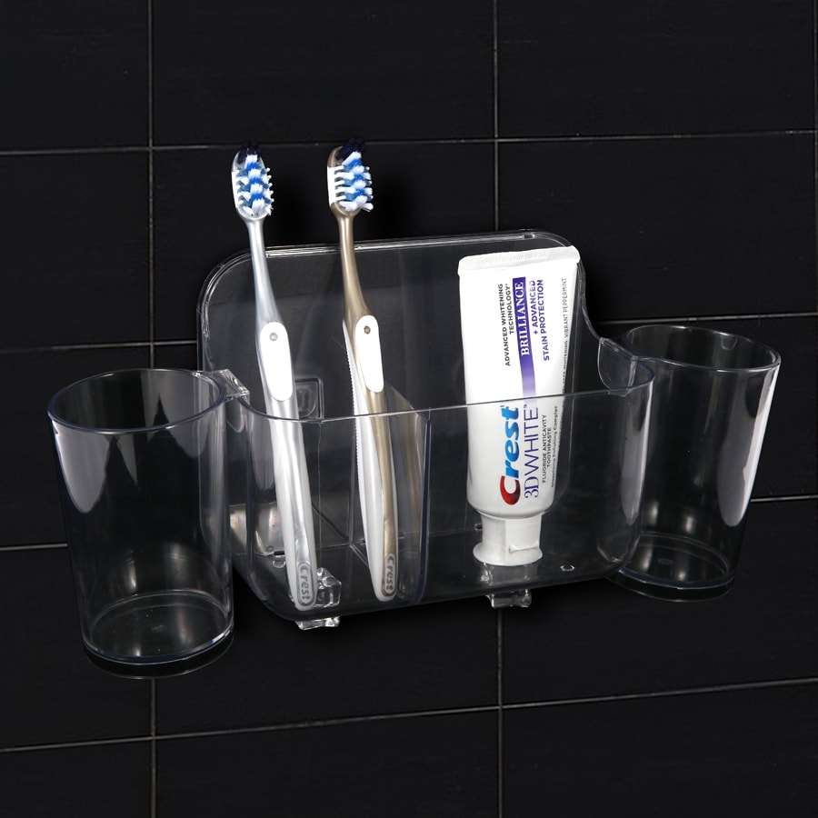 【衛浴收納】ROSELIFE 盥洗組合架(含兩個牙杯)免打孔無痕魔力貼安裝PET材質適用玻璃磁磚塑膠烤漆等光滑表面透明