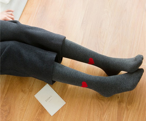 Girls Women Heart Pattern Mid-calf Length Socks Japanese Cotton Knee Socks School Girl Stockings Black 1 Pair