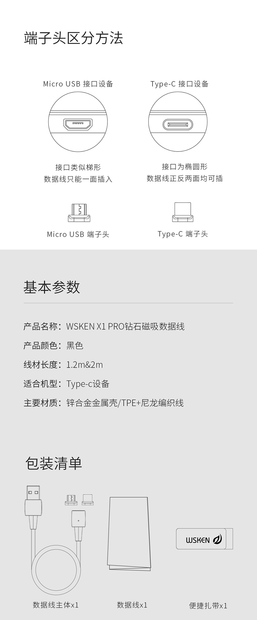 【中國直郵】小米有品WSKEN X1Pro磁吸線 Micro-USB&Type-C雙頭版 錆色 1.2m