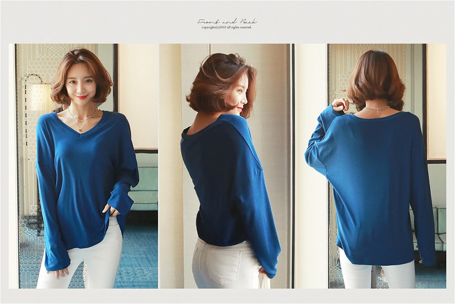 KOREA V-Neck Loose T-Shirt #Cobalt Blue One Size(Free) [Free Shipping]