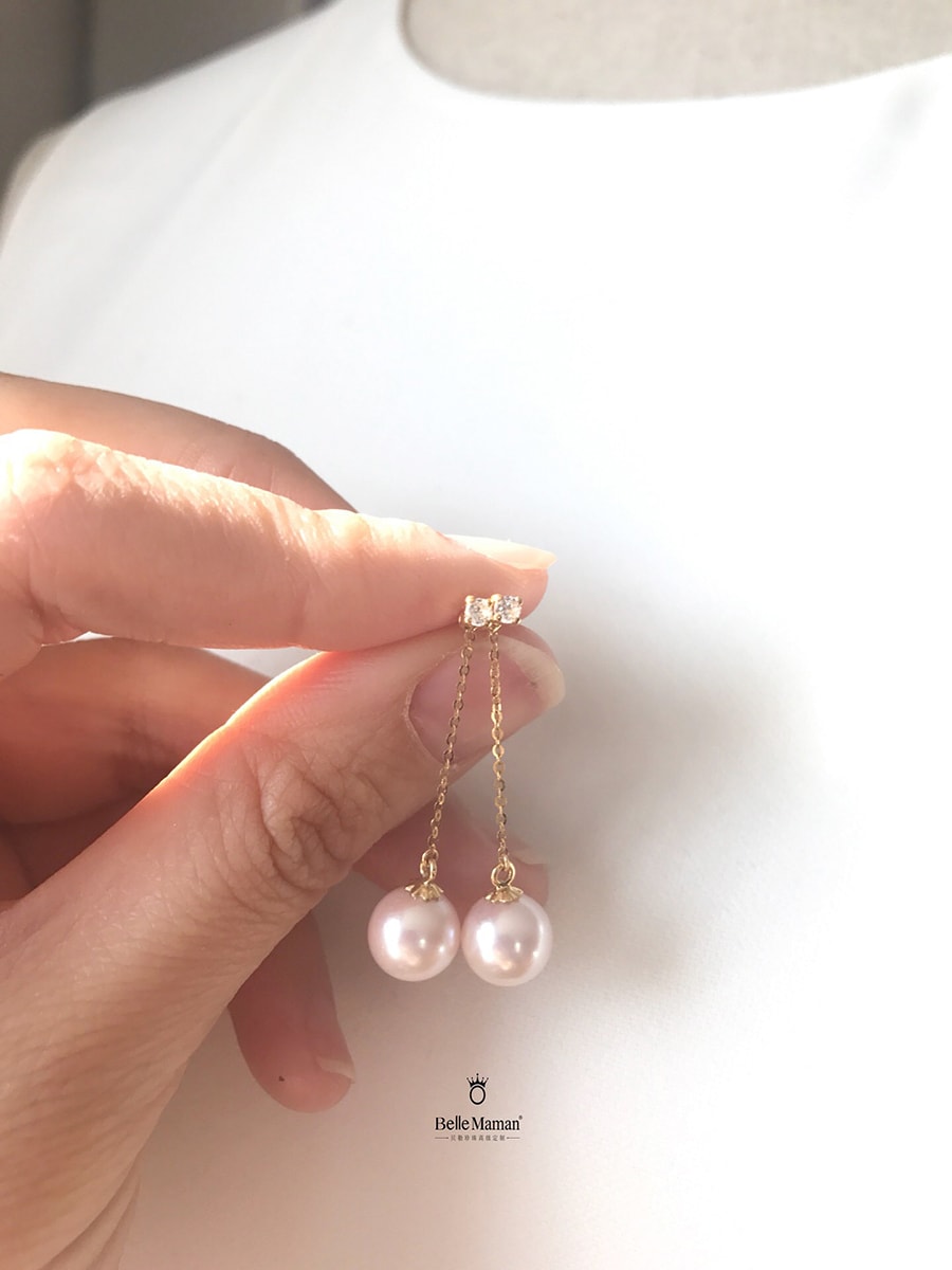 BELLE MAMAN日本akoya珍珠锆石两用耳线一对 高级珠宝首饰 18k金 礼物