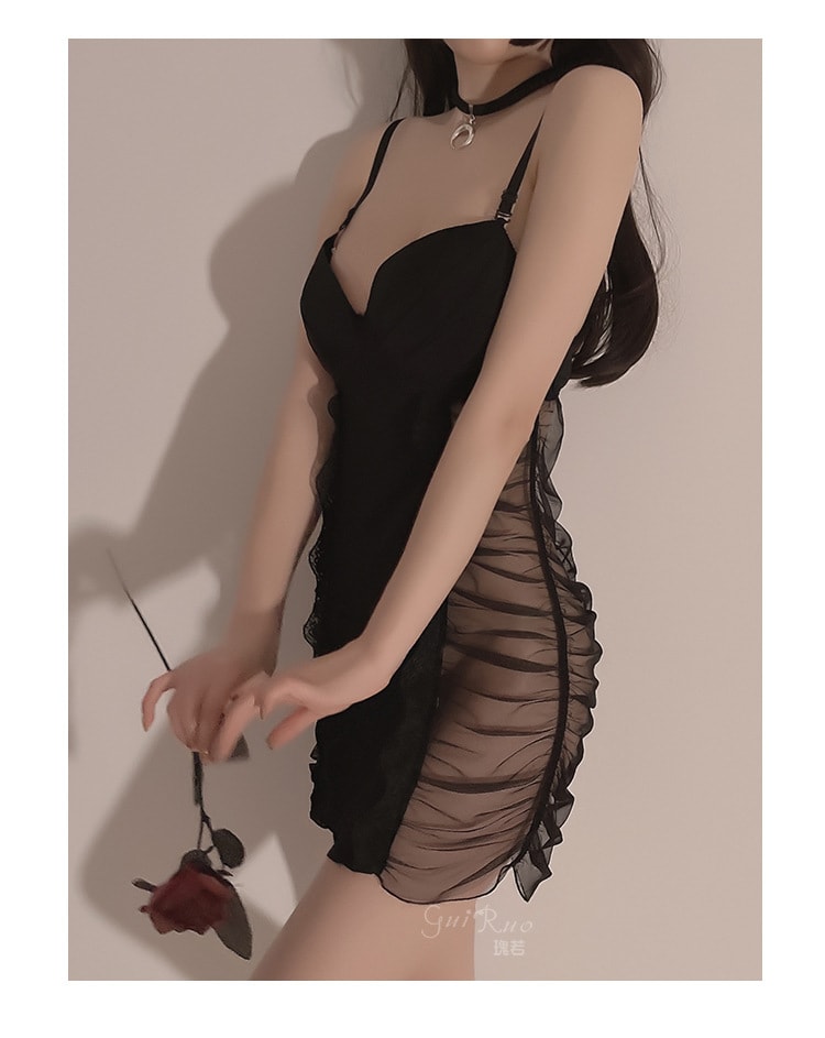 中國直郵 瑰若 性感深v透視吊帶睡裙套裝 黑色 均碼 一件 成人情趣用品