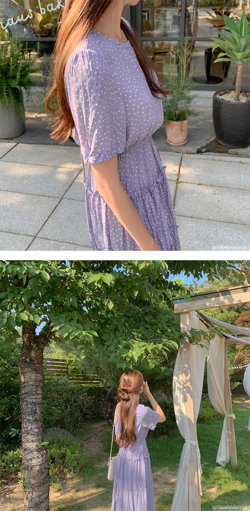 【韩国直邮】CHERRYKOKO 甜美风圆领大裙摆高腰圆点连衣裙 紫色 均码