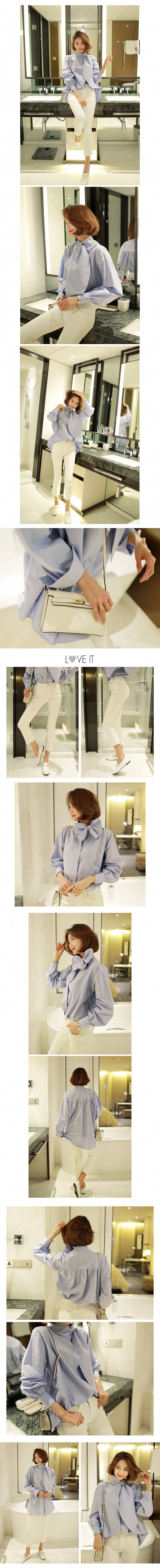 KOREA Water Drop Tie-Neck Blouse #Sky Blue One Size(Free) [Free Shipping]