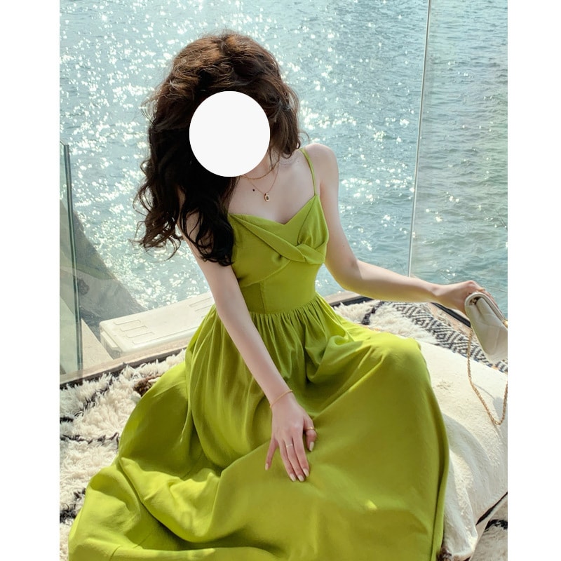 【中国直邮】爪哇岛 夏季新品 印花双色连衣裙 M码 绿色款