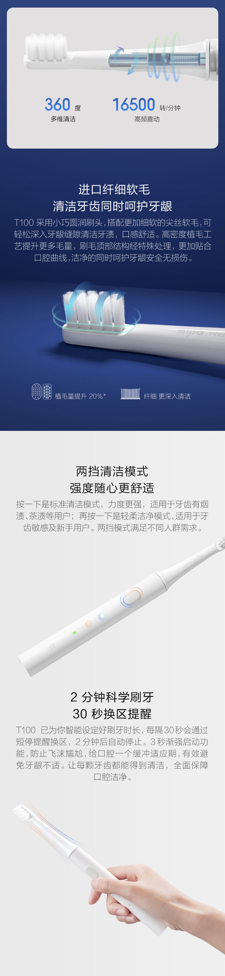 【中国直邮】小米有品 米家声波电动牙刷 T100 蓝色 1支装