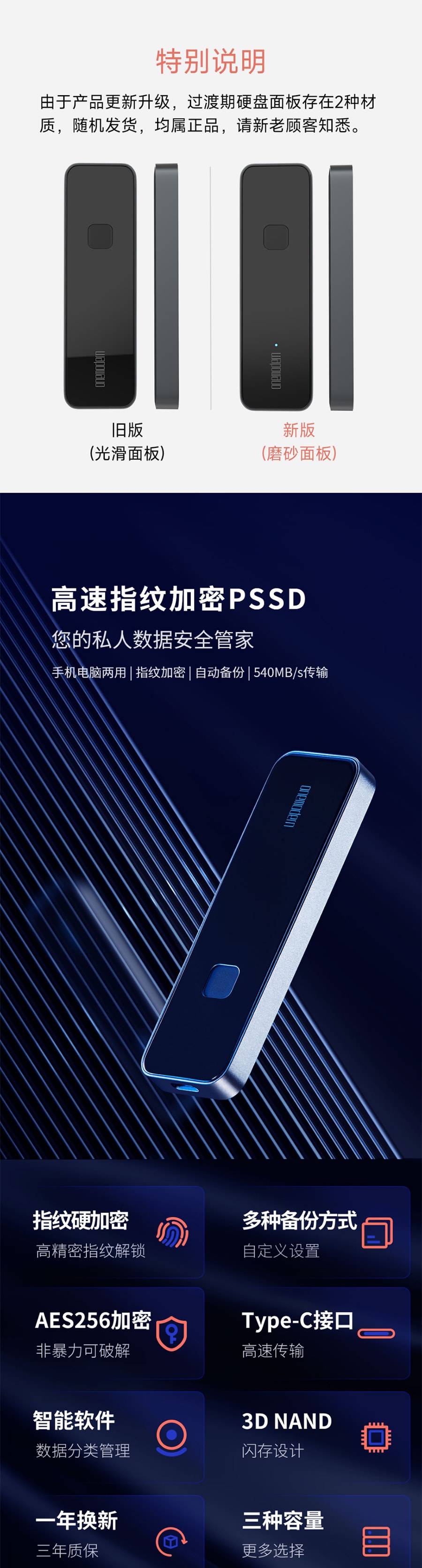 【中国直邮】小米有品 onemodern 高速指纹加密移动固态硬盘PSSD 500GB (指纹+数字加密)