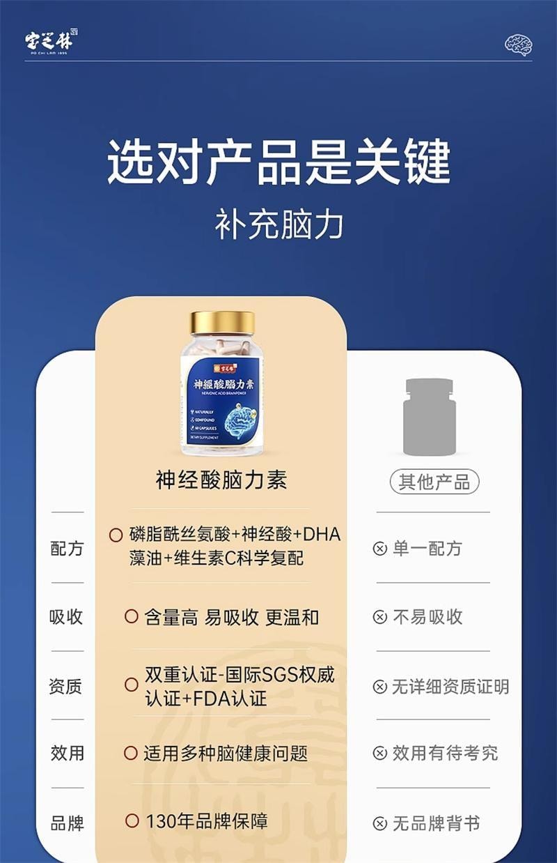 【中国直邮】 宝芝林 神经酸脑力素60粒/瓶 DHA胶囊中老年补脑专注成人记忆力脑黄金