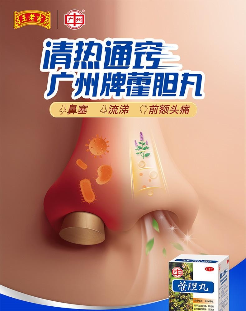 【中国直邮】 王老吉 霍胆丸 芳香化浊 清热通窍 用于湿浊内蕴、胆经郁火所致的鼻塞、流清涕或浊涕、前额头痛 36g/盒