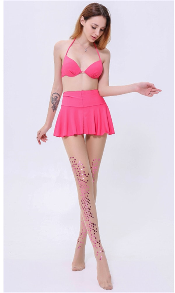 Mermaid Stockings Glitter Scales Tattoo Pantyhose Rose Red 1 Piece