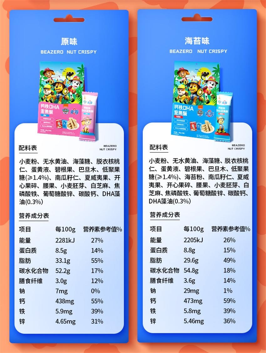 【中國直郵】 未零 汪汪隊立大功聯名 鈣鐵OHA堅果酥 兒童零食磨牙餅乾 原味 60g/袋