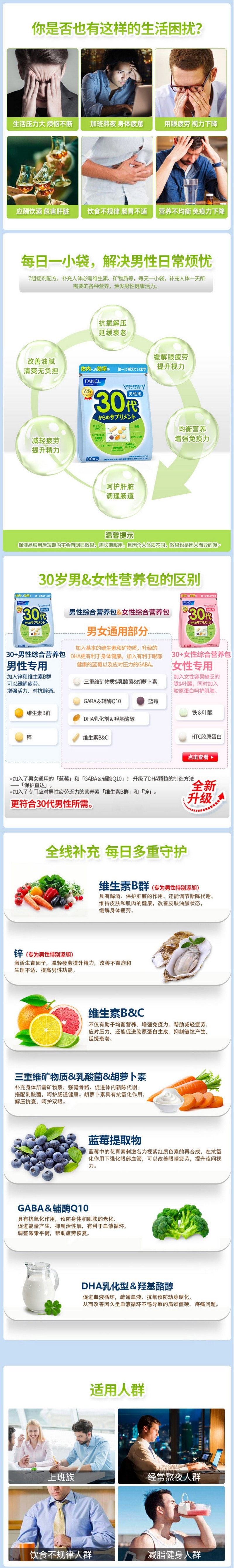 【日本直邮】 日本 FANCL 芳珂无添加 新版男性八合一综合维生素营养素30日份 30代