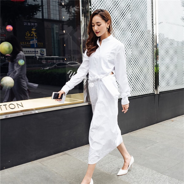White Pure Cotton Long Sleeve Shirt Dress Belted Midi Dress for Women Ladies S