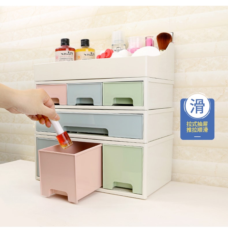 药品 化妆品 文具收纳盒 ROSELIFE 可拆卸 自由组合  4层收纳盒 [TCDE] 两高一低6抽屉  5插槽桌面整理盒 蓝粉绿
