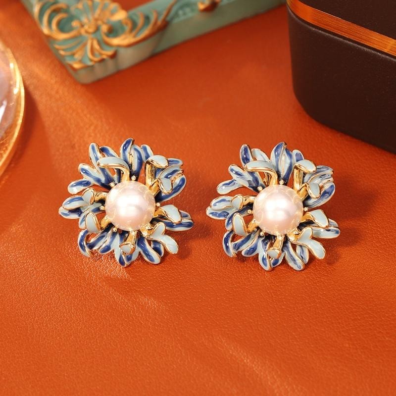 「中古Vintage」宫廷风蓝白滴油花卉耳钉 | 手作珐琅彩耳饰 | 复古巴洛克耳环 | 镀金防过敏耳坠 度假宴会日常配饰