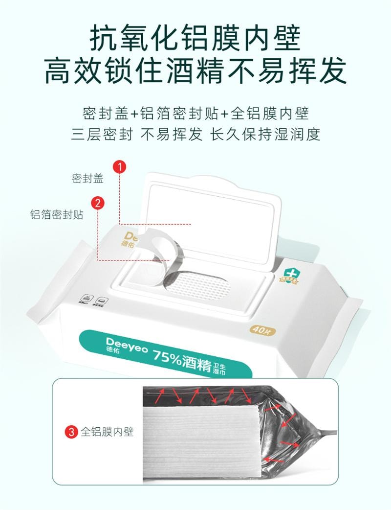 【中国直邮】 德佑 75%酒精消毒湿巾99.99%杀菌母婴湿纸巾 40抽/1包
