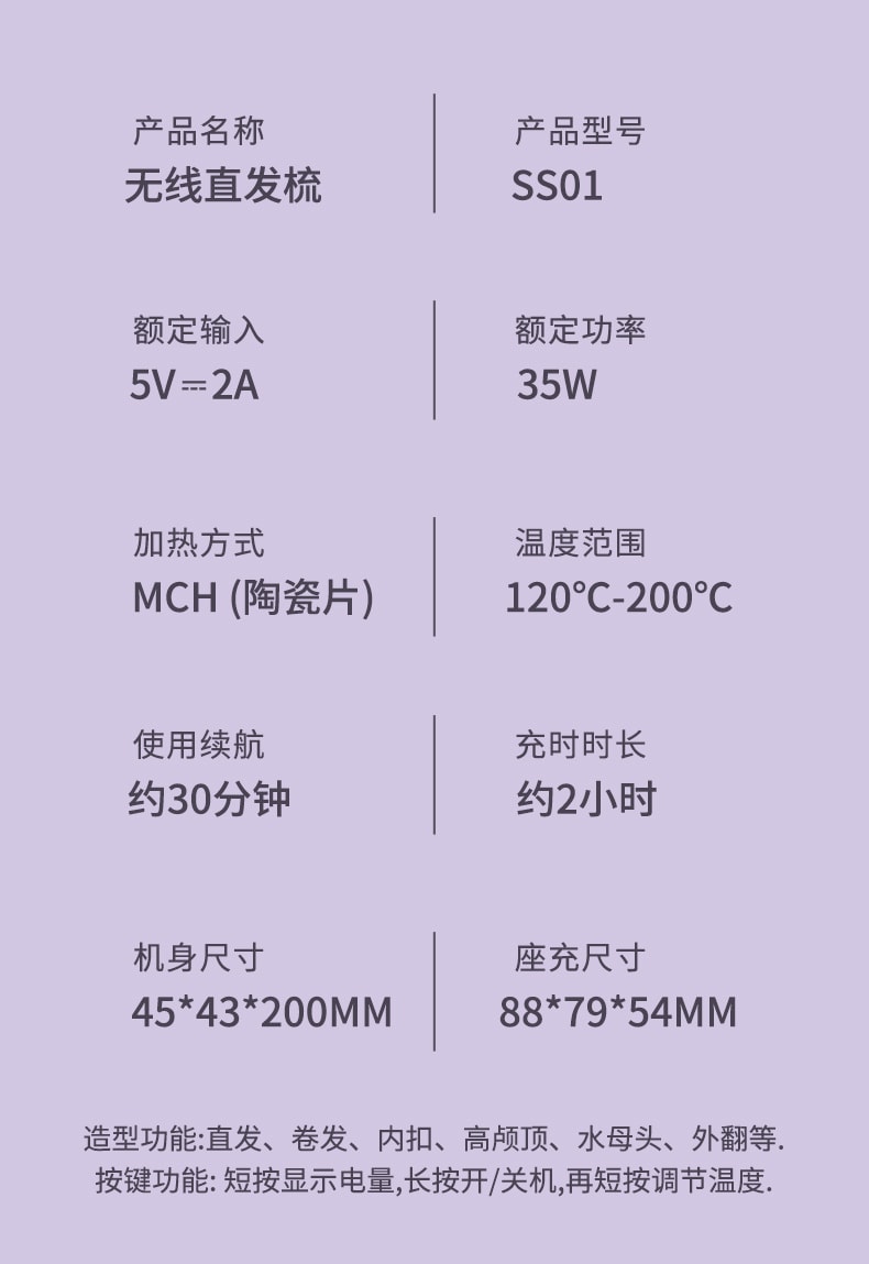 中国 HuiHao 汇豪液晶显示负离子直发器无线直发梳 白色 1件