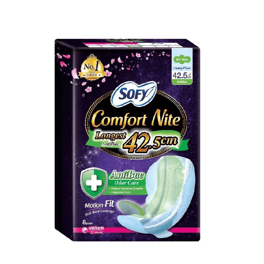 Comfort Nite Longest AntiBac Odor Care Motion-Fit Anti Back Leakage Sim Wing Sanitary Pad 42.5cm 8pcs