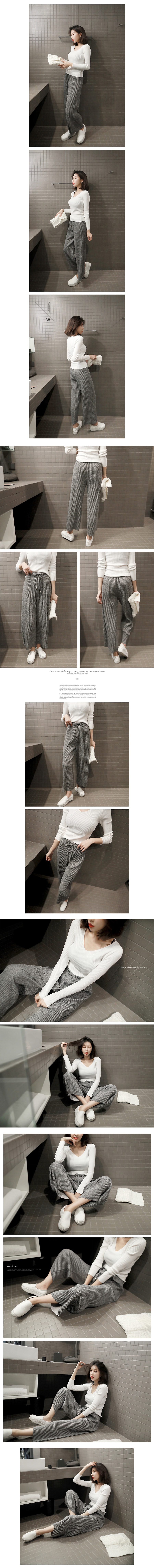 [2018 New] Ribbed Knit Top Ivory and Wide Leg Pants Grey 2 Pieces Set One Size(S-M)