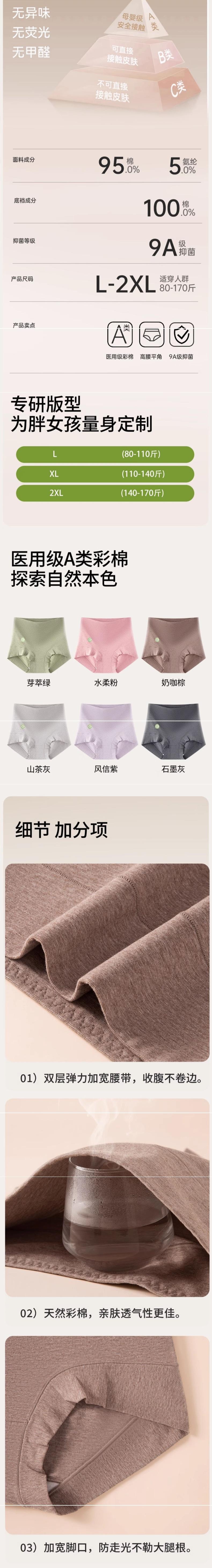 【中国直邮】 猫人 Miiow女士平角内裤高腰内裤 全棉 无痕收腹 8条装 绿色墨灰粉色紫色各2条 L码