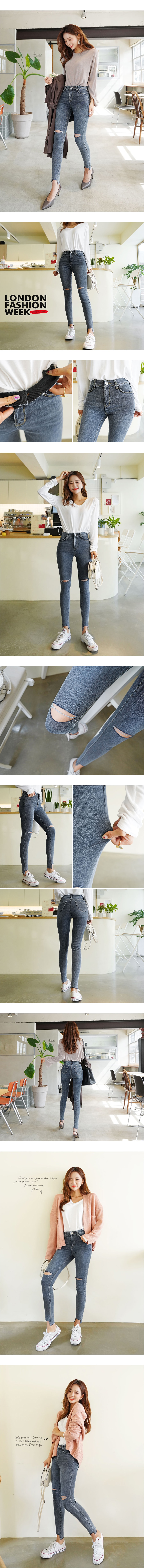 High Rise Ripped Ankle Skinny Jeans #Blue M(27-28)