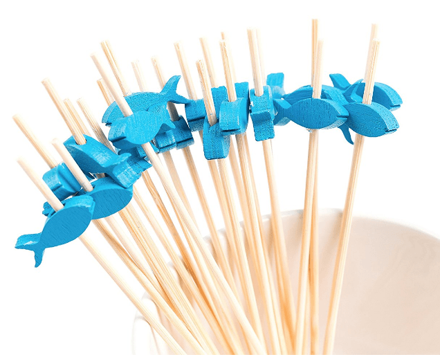Cocktail Picks Handmade Bamboo Toothpicks 100ct 4.7" in Blue Fishes
