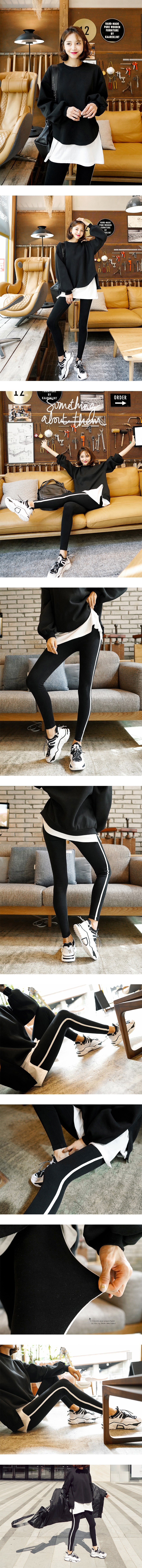 WINGS Layered Sweatshirt and Side Stripe Leggings With Fleece Lining #Black One Size(Free)