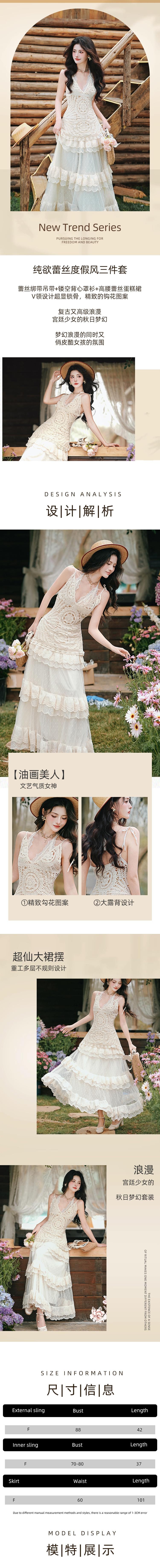 【中國直郵】 HSPM 新款純欲蕾絲蛋糕裙度假風套裝 三件式 F