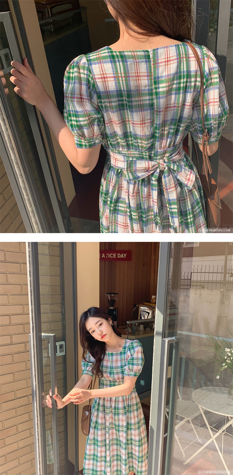【韩国直邮】CHERRYKOKO 学院复古收腰蝴蝶结格纹亚麻舒适连衣裙 绿色 均码