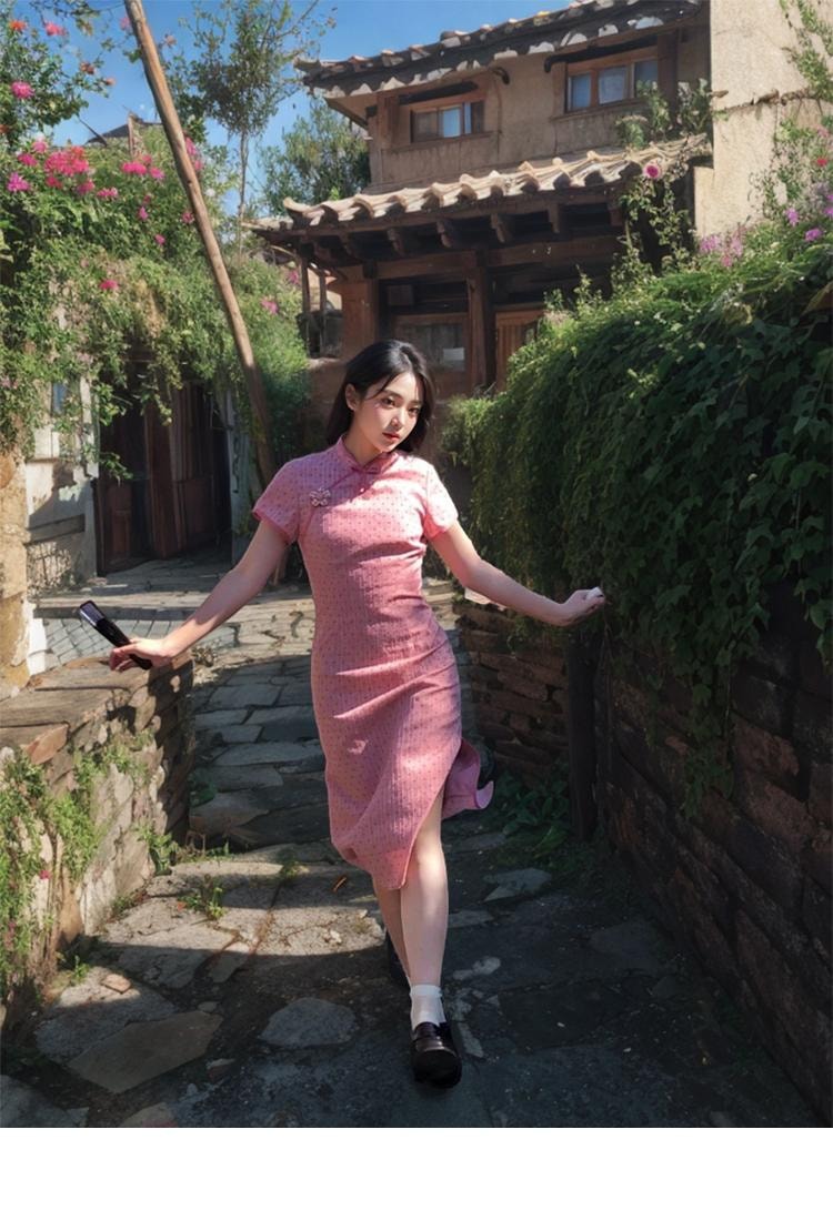 【中國直郵】 水月秦淮 甜美少女粉色新中式旗袍裙日常國風收腰顯瘦連身裙粉色L碼