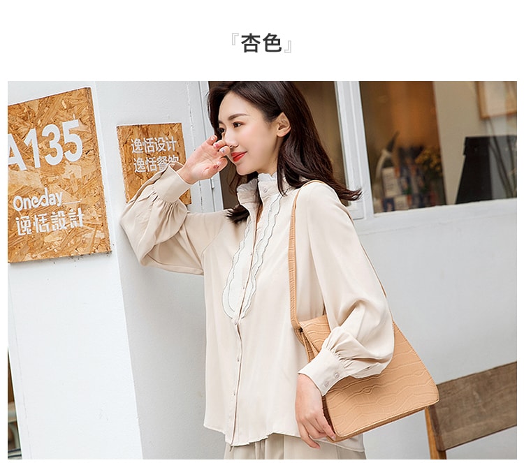 CARRIE&KATE【Designer Style】2019 Spring new long sleeves loose on vertical collar lace chiffon shirt Canal Blue/M