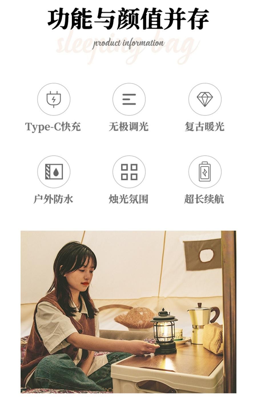 【中国直邮】 户外露营灯 手提多功能便携式LED营地灯 帐篷灯 Type-C充电 复古马灯 - 白色 1个
