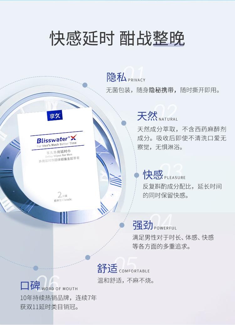 【中国直邮】 享久 一代外用延时湿巾2片装/盒 便携装男士专用印度持久神油男用品延迟不射