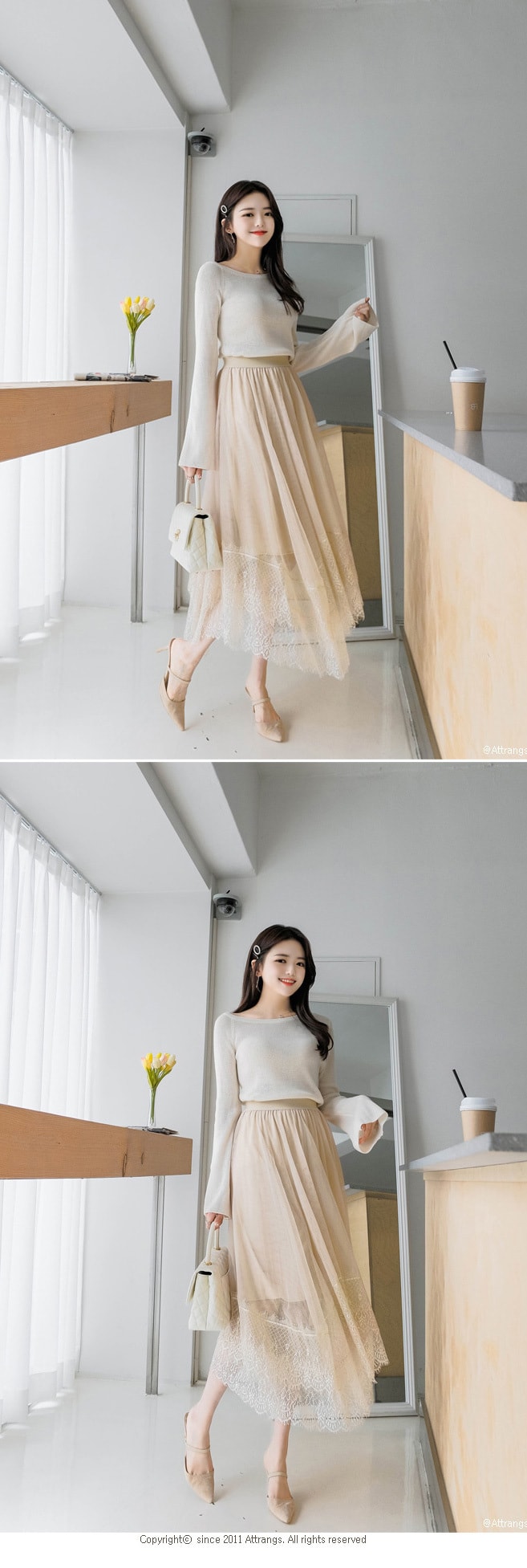 【韩国直邮】ATTRANGS 蕾丝边薄款网纱多层蓬蓬高腰长裙 米色 均码