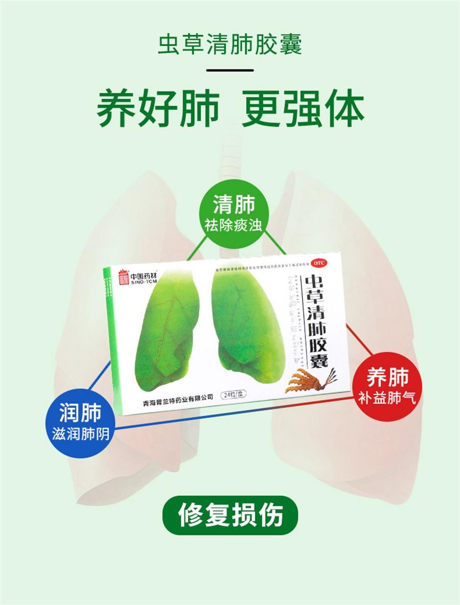 【中国直邮】 中国药材 虫草清肺胶囊 支气管炎咳嗽药化痰止咳润肺消炎24粒/盒