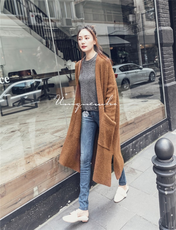 Dark Brown Long Wool Cardigan Sweater Coat S
