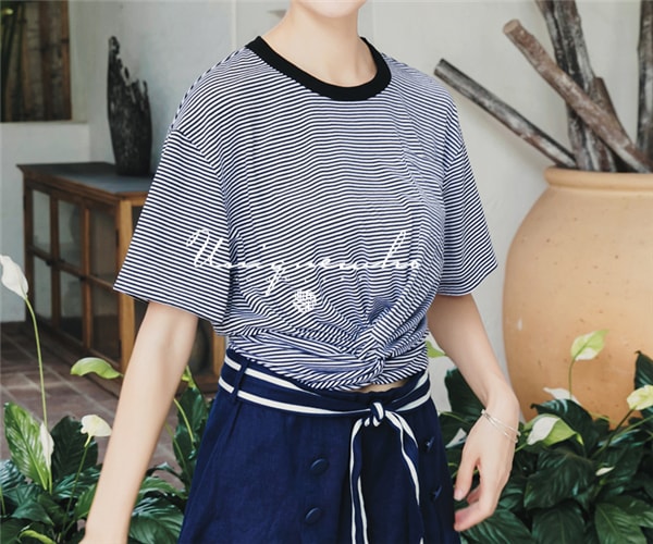 Girls Women Pure Cotton Black &amp; White Striped Short Sleeve T-shirt Female Crop Tops L