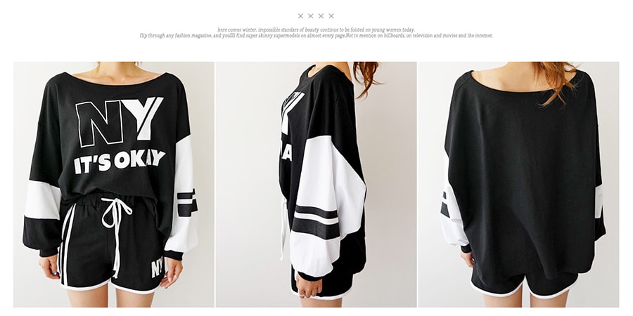 NY Sweatshirt+Ringer Shorts 2 Pieces Set #Black One Size(S-M)