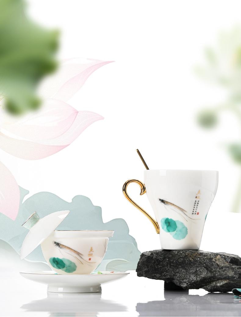 康樂品 景德鎮7件式茶咖共享杯懸浮蓋碗大號荷花一組正品高檔瓷器禮個人泡茶杯