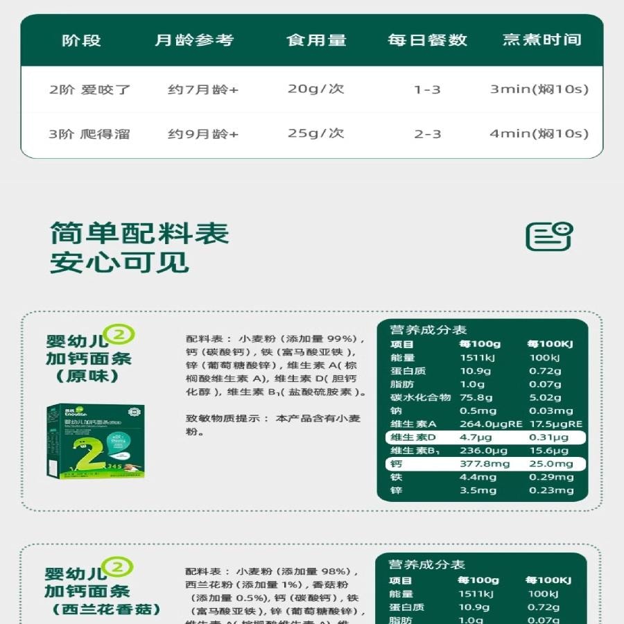 英氏 嬰幼兒原味加鈣線面 寶寶輔食無添加鹽 200g/盒